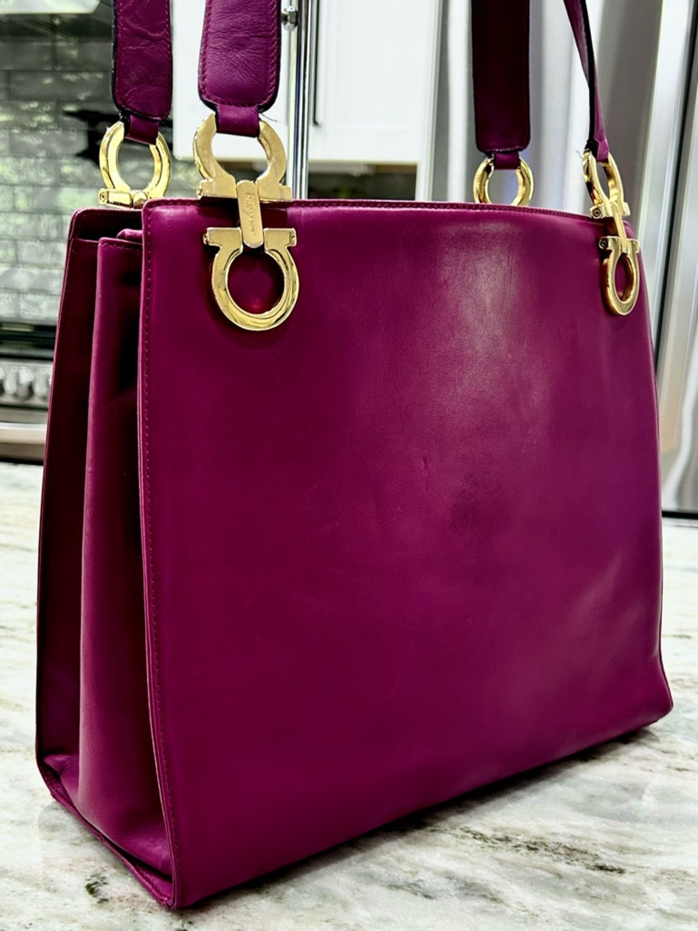 Salvatore Ferragamo Authentic Deep Purple Leather Structured Shoulder Bag